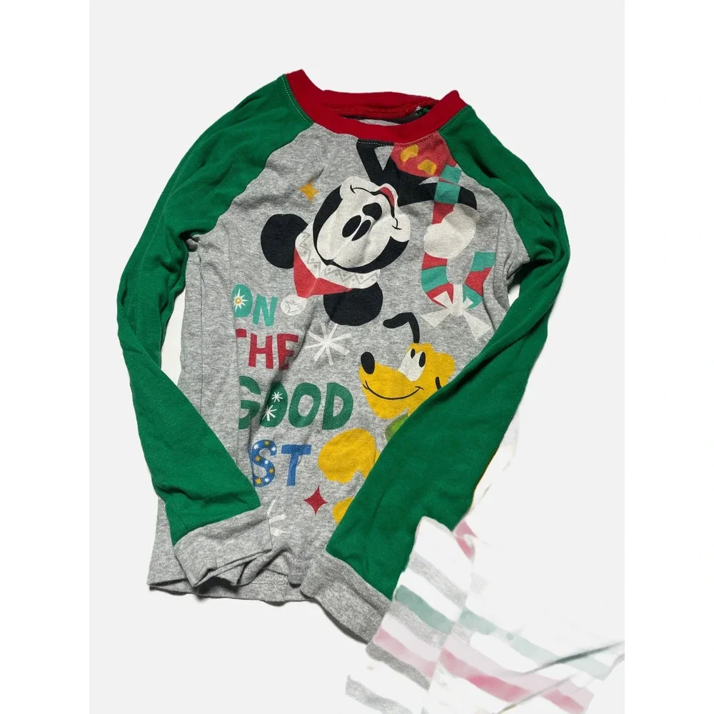 Disney Pajama Set Kids Size 7 Gray Green Mickey Pluto Christmas Holiday Sleepwea